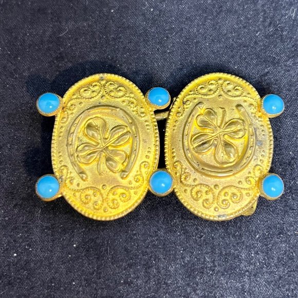 VTG Lucky Horseshoe & 4 Leaf Clover Gold Tone Faux Turquois Belt Buckles (3448) - Picture 1 of 7